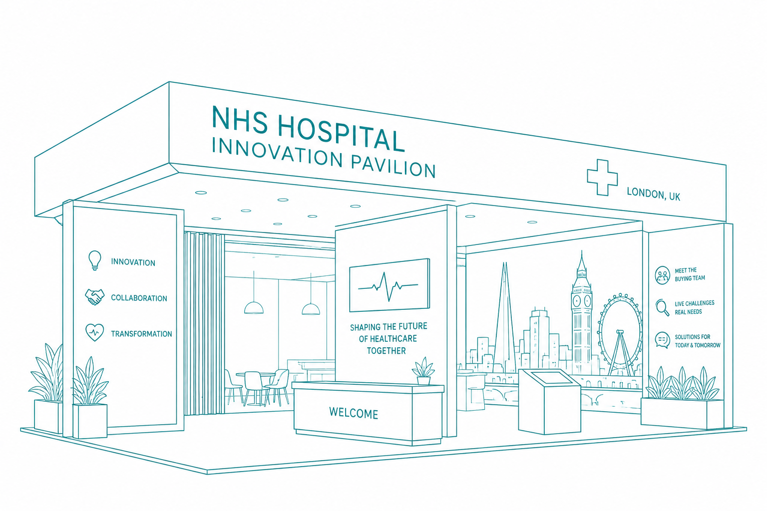 Illustration of the NHS Hospital Innovation Pavilion exhibition booth
